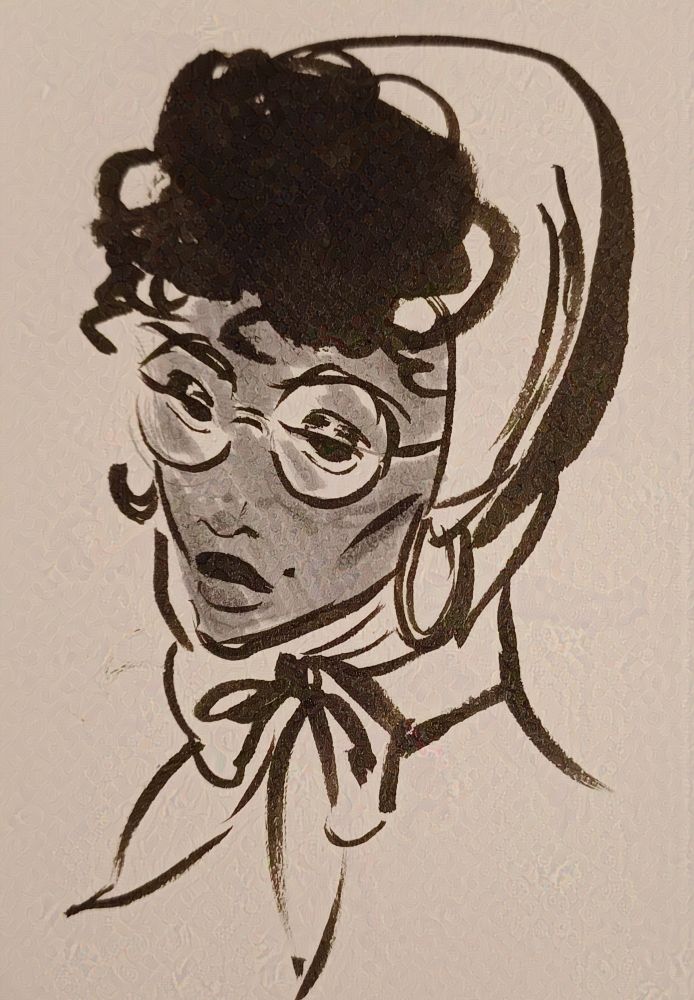 Ink portrait of a black woman in a headscarf knotted in a bow under her chin.