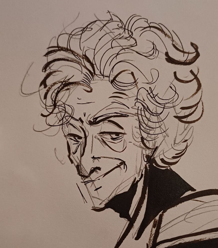 A loose sketch on paper of the Twelfth Doctor, portrayed by actor Peter Capaldi. It is created with broad and fine ink brush strokes. The image is a head shot and the features exaggerated; he looks to the right towards the viewer with a broad grin and tired eyes.
