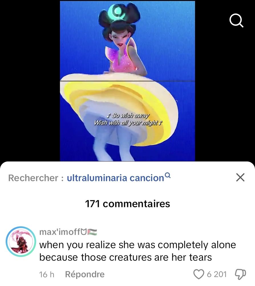 Tiktok de Chang'a en Over the Moon cantando con un comentario que dice "when you realize she was completely alone because those creatures are her tears"