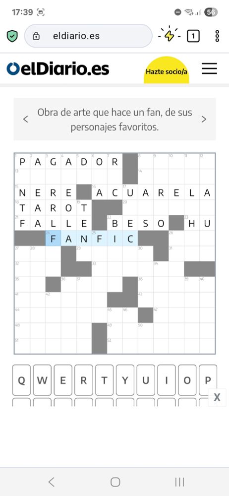 Crucigrama: "Obra de arte que hace un fan, de sus personajes favoritos: fanfic"