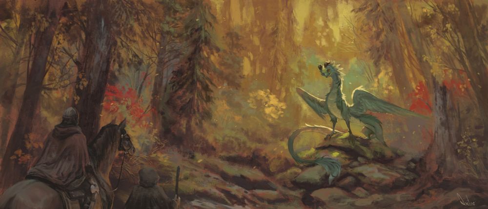 Two human travellers encounter a long green dragon in an autumnal forest. One is riding a horse and wearing a cloak and helm, the other walks beside and carries a walking stick. The dragon is perched atop a rocky outcrop and lit from light filtering through the tree leaves.
