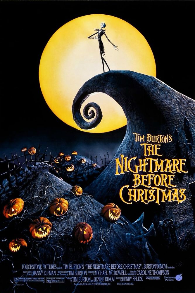 The cover of the stop-motion movie “The Nightmare Before Christmas movie.” A skeleton man is on a cliff in front of a large moon. There’s a field of pumpkins below him. 
