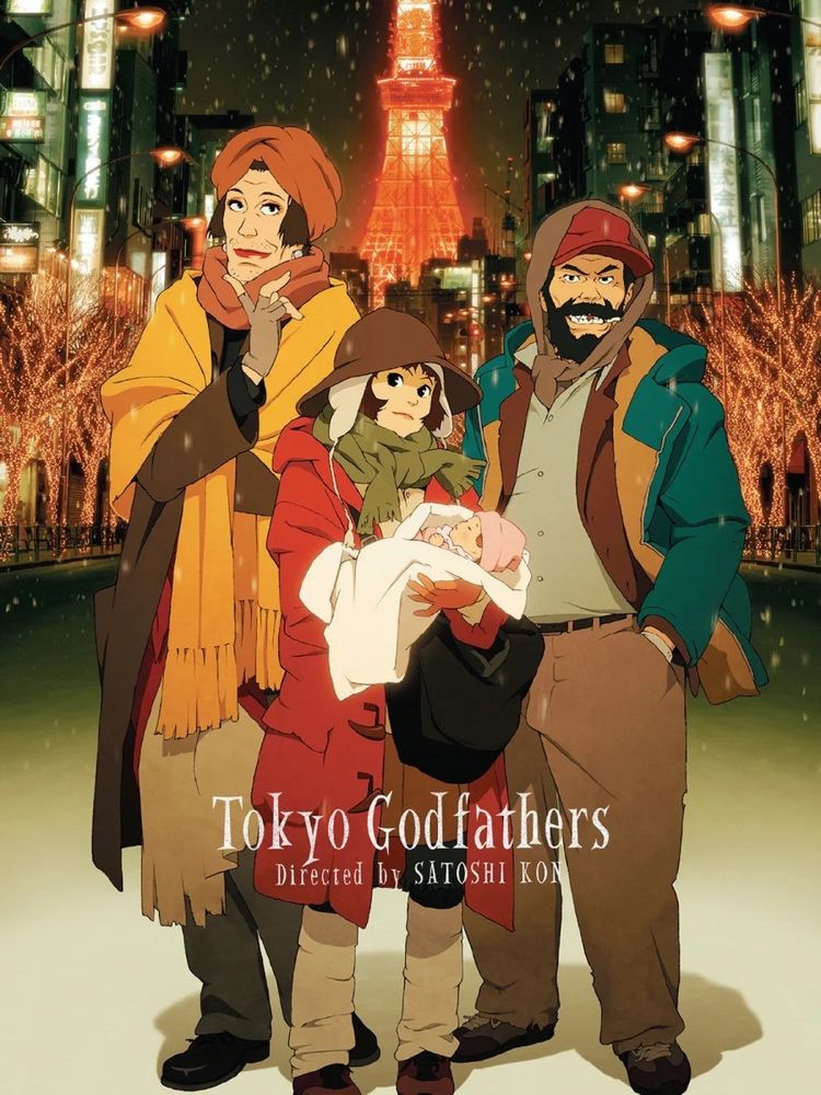 The cover of the animated movie “Tokyo Godfathers” shows a man, a woman, and a younger woman holding a baby. It’s snowing and nighttime, and they are standing together in a park.  