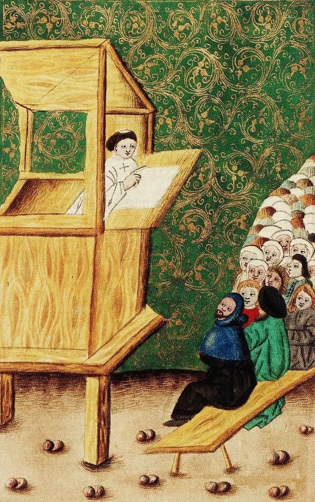 Jan Hus preaching, illumination from a Czech manuscript, 1490s.