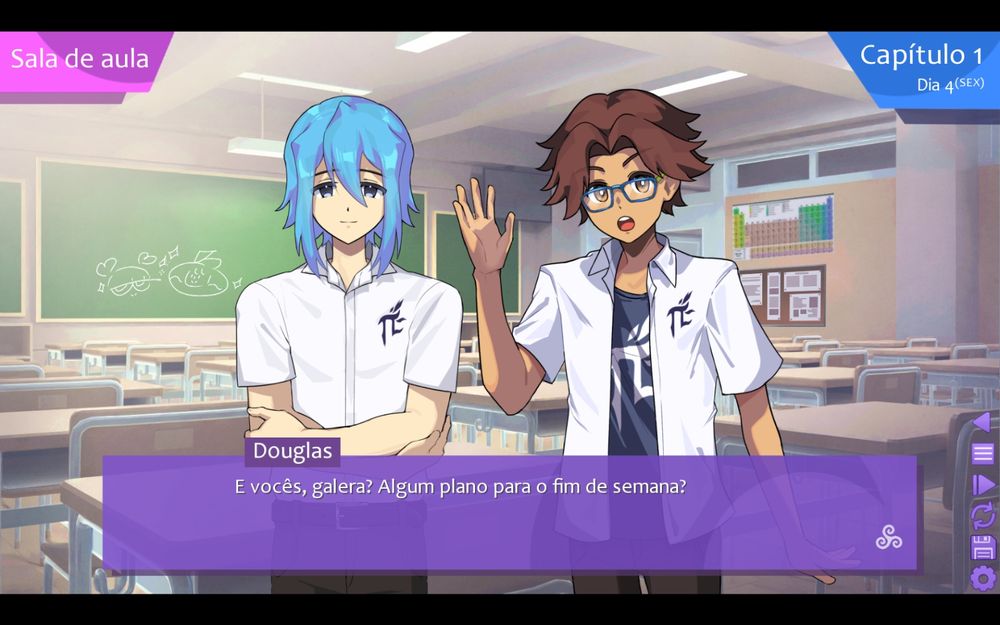 Imagem do jogo Dare to Lucid Dream. A cena ocorre em uma sala de aula. Na tela, se vê dois adolescentes, onde um deles, Doulgas, está perguntando se seus amigos tem planos para o fim de semana. 