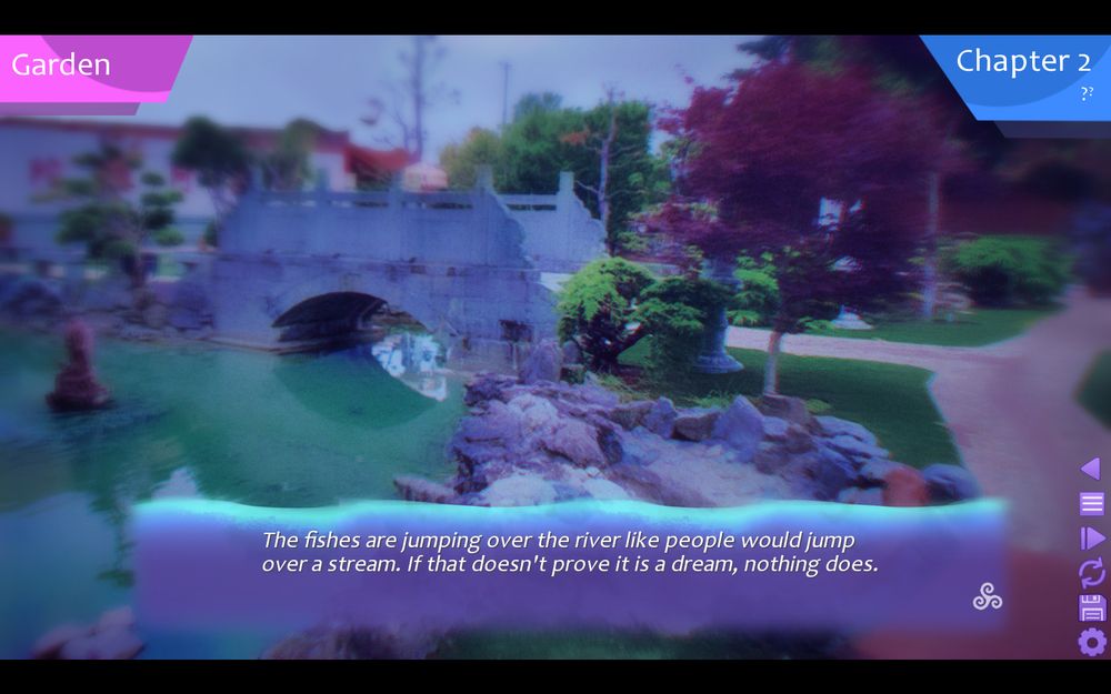 Image from the game Dare to Lucid Dream. The image shows a setting of an oriental-style garden, with a bridge, water running underneath it, some small trees and a path. The protagonist comments that he sees fish jumping over the river like people would jump over a stream, which proves that he is in a dream.