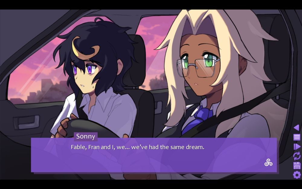 Image from the game Dare to Lucid Dream. Fable (an adult woman in her 20s) and Sonny (a 16-year-old teenager) are in a car with Fable driving. Sonny looks worried. He's talking to Fable about him having the same dream as Fran.