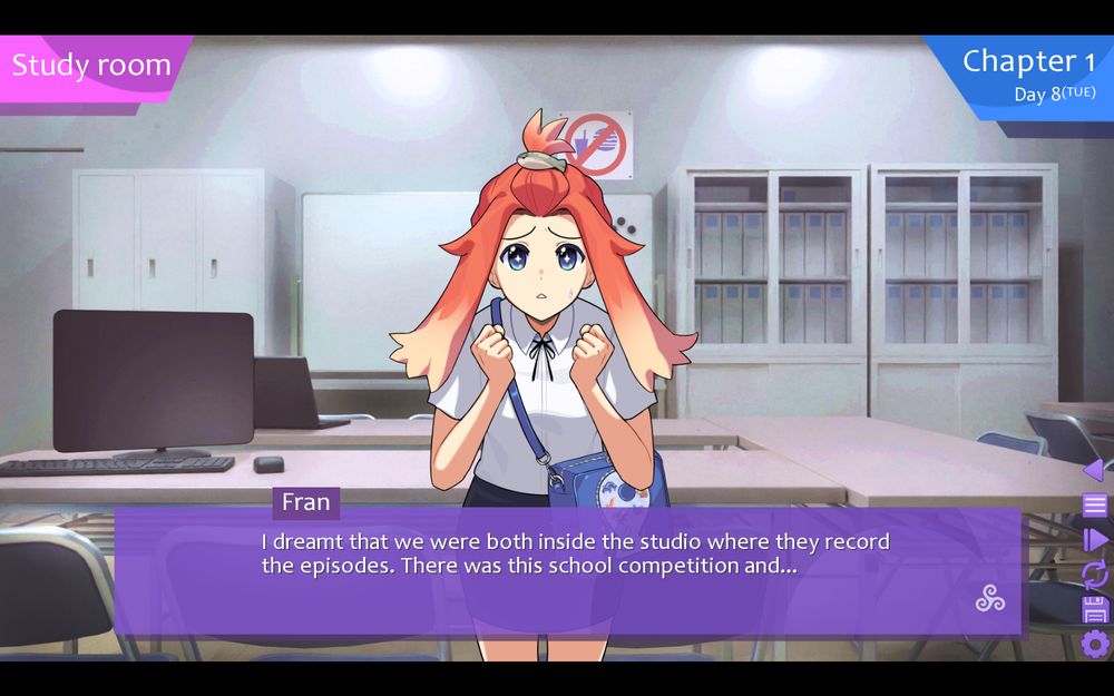 Image from the game Dare to Lucid Dream. In the image, a teenager girl with several fish-related accessories tells the protagonist that she dreamed that they were on the set of the series she likes because of a school competition.