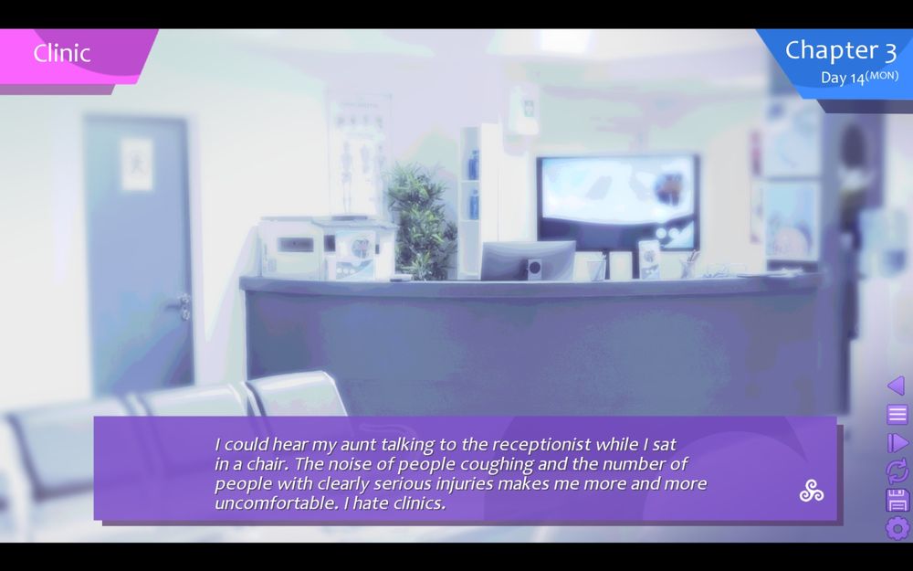 Hospital background with the text saying how uncomfortable hospitals are, and how the character hates being there 