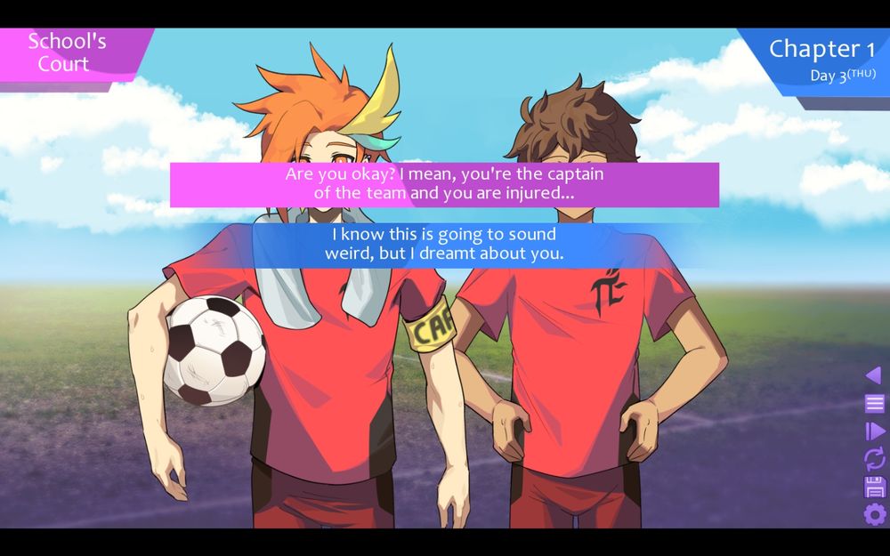 Image from the game Dare to Lucid Dream. There are two boys wearing soccer jerseys on the screen, and in front of them we have two dialogue options, one asking if the player is okay because he looked hurt, and the other saying "I know this sounds weird, but I dreamed about you."
