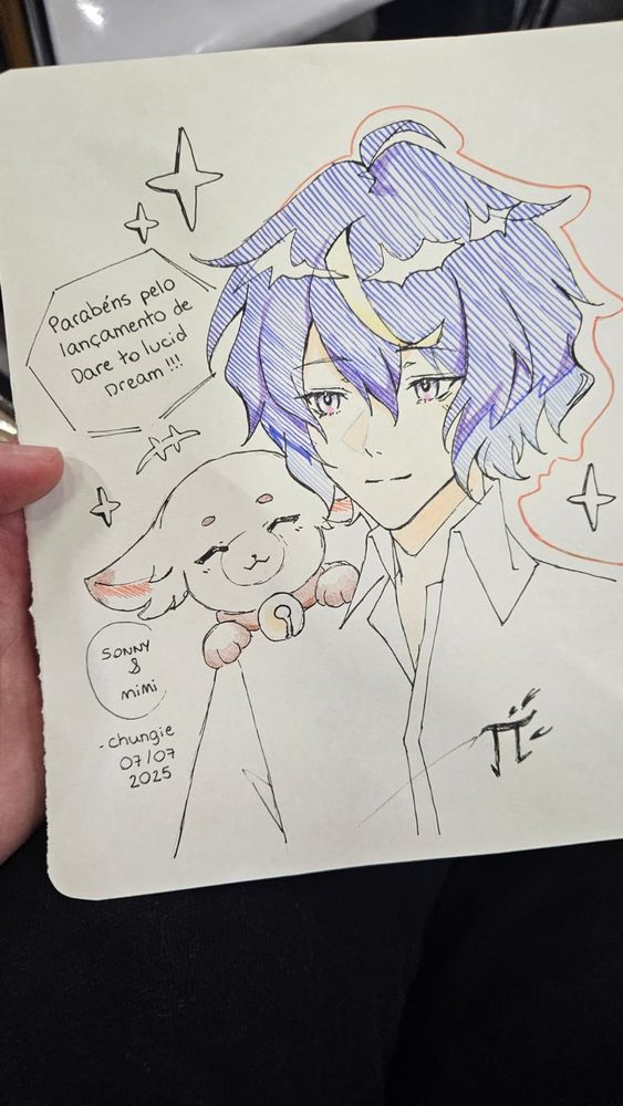 Fanart do Sonny (protagonista do jogo Dare to Lucid Dream) - um adolescente de cabelo escuro com um pedaço claro. Em seu ombro está Mimi, um gato sorridente com uma coleirinha de sino no pescoço. 

Está escrito "parabéns pelo lançamento de Dare to Lucid Dream!" ao lado dos personagens, com a assinatura e a data (7/Julho/25)