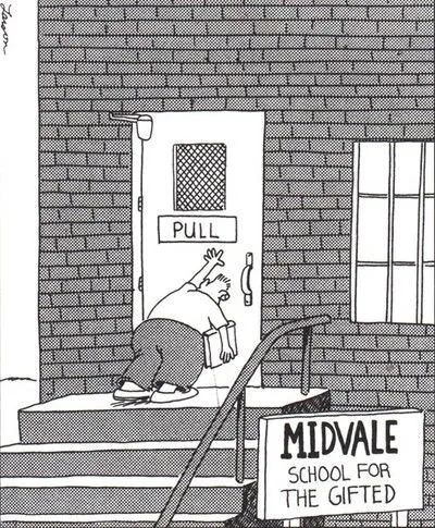 A cartoon of a kid at the Midvale School For The Gifted pushing on a door labeled pull