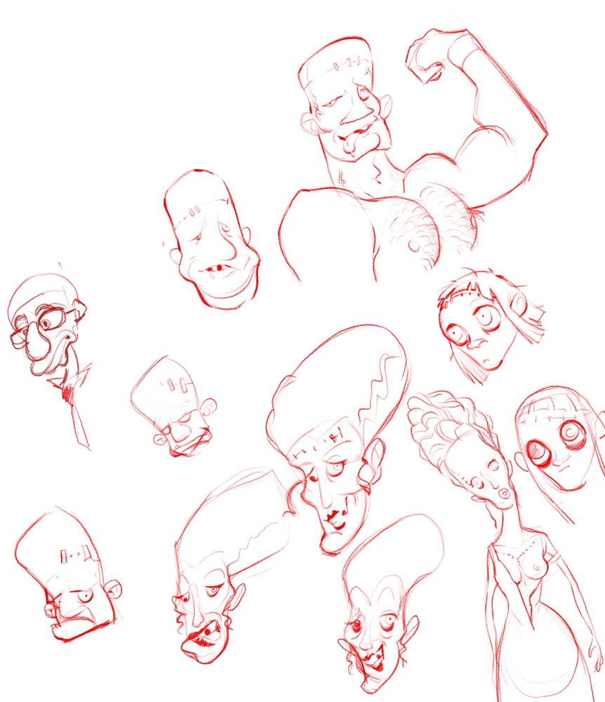 Des croquis de créatures de Frankenstein dans un style un peu rigolo et parfois un peu sexy