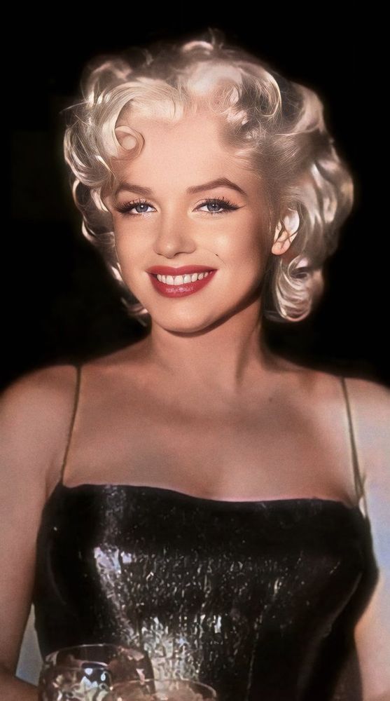 Glamour photo of a smiling Marilyn Monroe in a shiny dark dress with spaghetti straps.