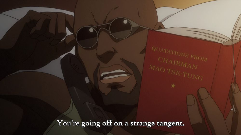 Dutch from Black Lagoon reading Quotations from Chairman Mao Tse Tung. The caption reads “You’re going off on a strange tangent.”