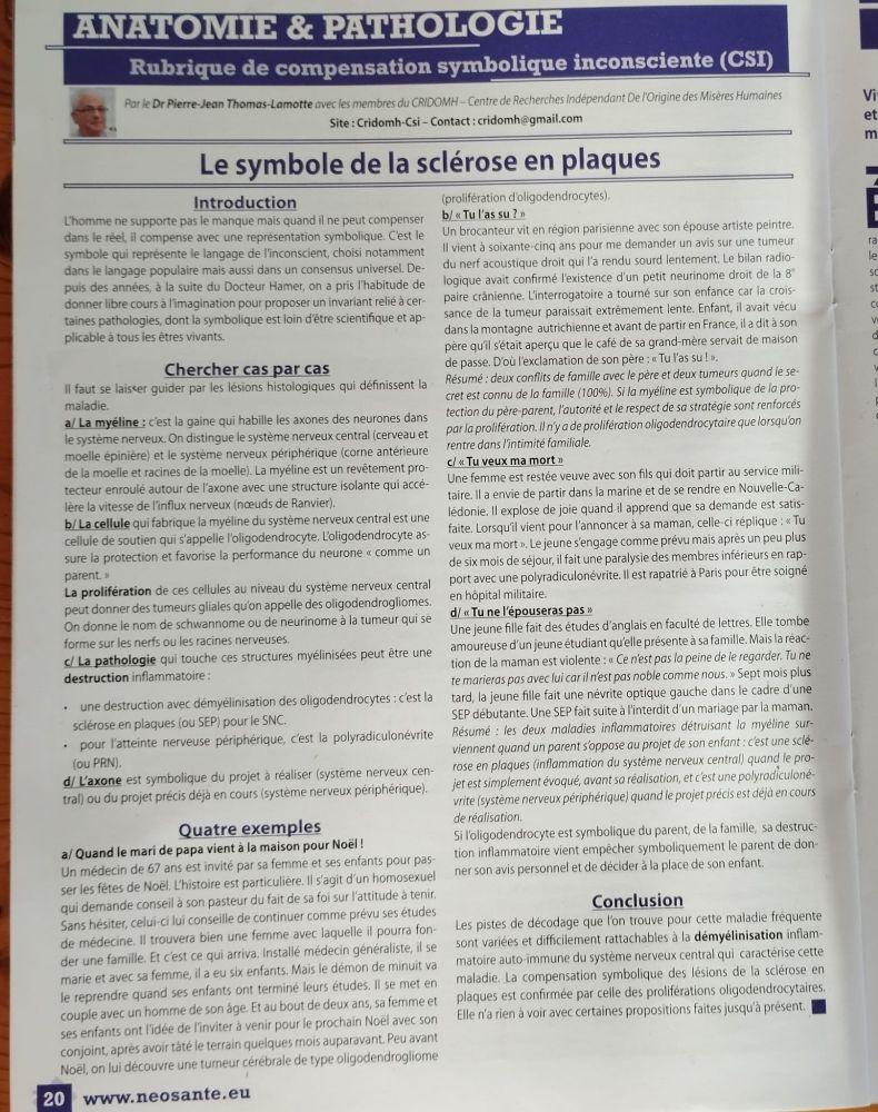 Une page d'une revue qui explique que toutes les maladies sont liées à des conflits internes.
Cette revue est éditée par un mouvement sectaire : la biologie totale