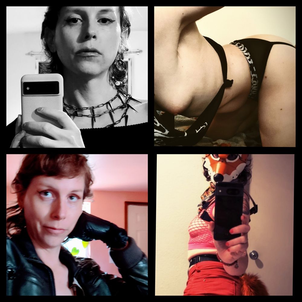 Dr. Ruby Fox in multichannel collage format. UL, Elegant; UR, tits and ass; LL, mean leather dyke; LR, cryptid critter