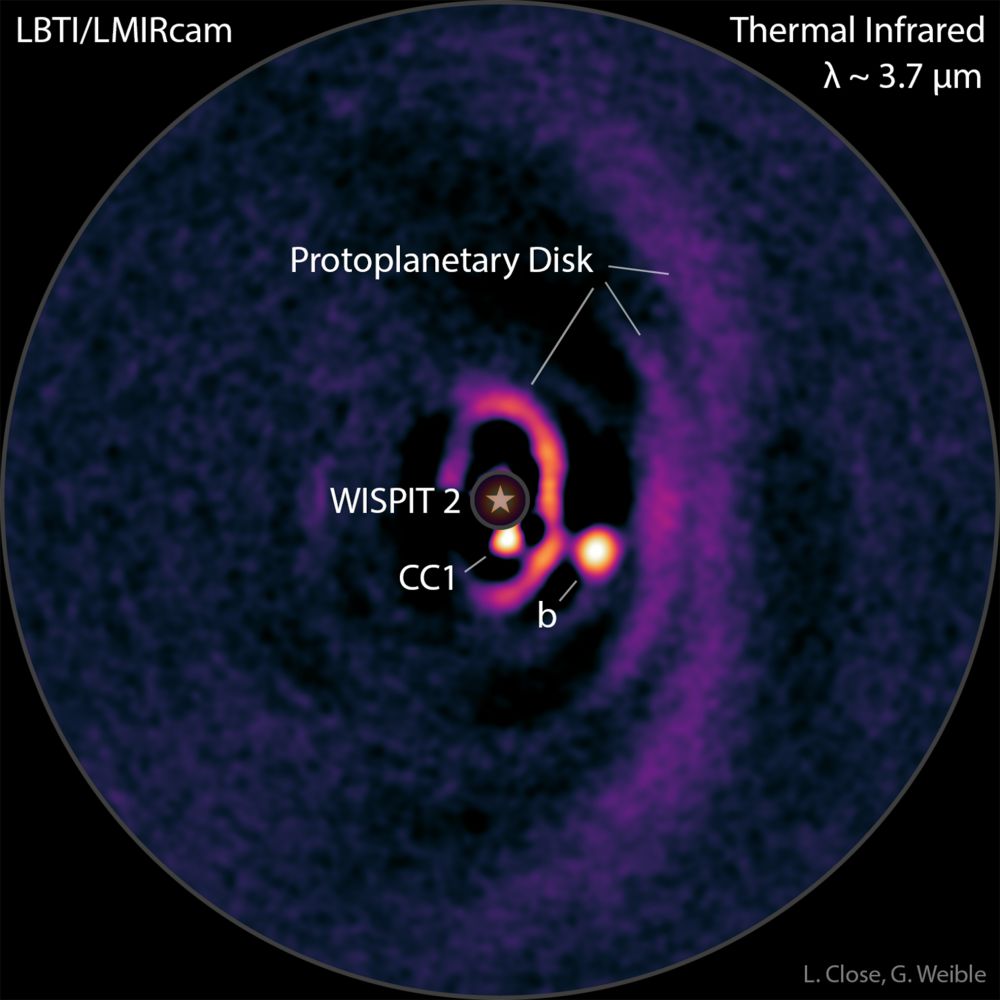 Annotated false-color image of the WISPIT 2 system as seen in infrared light by the Large Binocular Telescope Interferometer (LBTI). The host star has been subtracted from the center of the image, with the inner lambda/D radius masked. Two bright circumstellar point sources are seen: CC1 - a superjovian protoplanet candidate(?) in the inner disk cavity, and b - a superjovian protoplanet in a disk gap further out. Three protoplanetary disk rings are also visible despite self subtraction from the KLIP-ADI algorithm (Rings 1, 2, and 3 in the companion paper by R. van Capelleveen et al.)