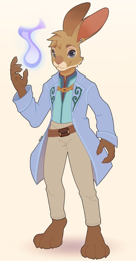 An anthropomorphic rabbit boy. He's a light brown rabbit with purple/indigo eyes. He wears a long, light blue jacket with a thorny vine pattern on the lapels. A little gold chain holds the two sides together. Underneath he wears a jade green vest and a darker blue shirt. He has tan khaki pants and a belt with a small pouch on it. One of his hands is raised, casting a purplish wisp of magic. On his left ear are two loop earrings, one silver and one gold.