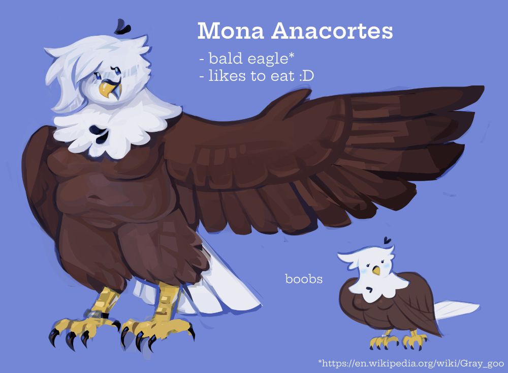 Reference sheet for Mona Anacortes, bald eagle shaped character. Notes mention that she likes to eat and has boobs