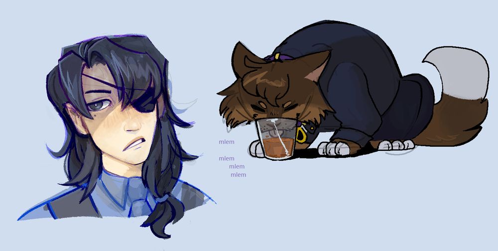 Illustration of a suited cat drinking whiskey and the eyepatched investigator he'd stealing it from