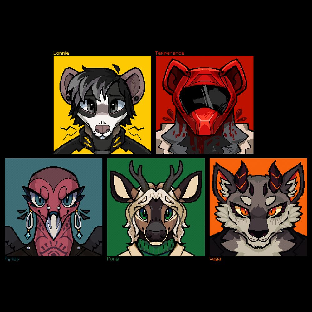 Lonnie (rat) on a yellow background, Temperance (badger) on a red background, Agnes (turkey vulture) on a blue background, Pony (mule deer) on a green background, and Vega (coyote with horns) on an orange background