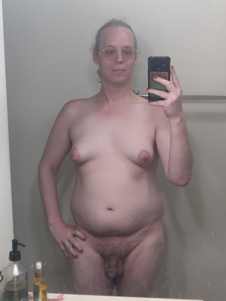 Pre-shower tiddy in a mirror.