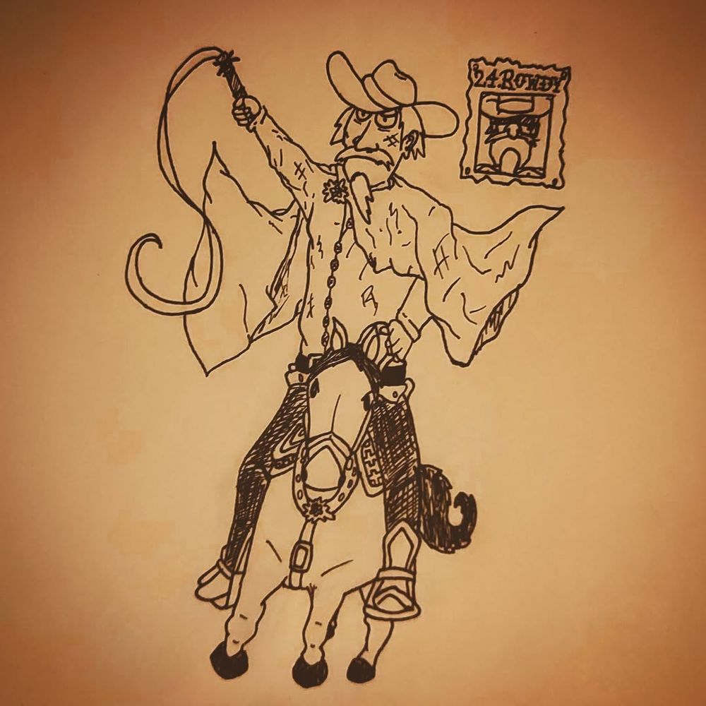 A drawing of the artist’s original character 'The Rich Swiss', shown here as 'The Wild Swiss' — a darker chapter from his rowdy past.
