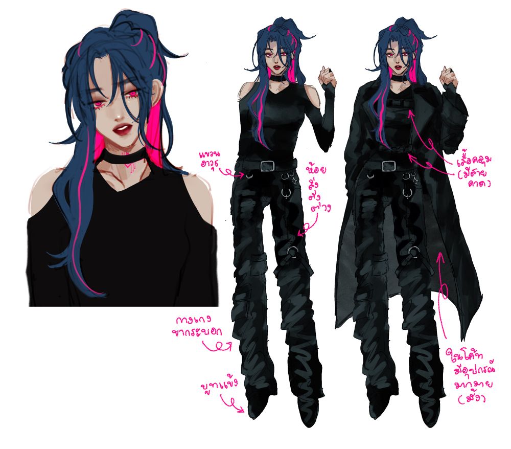 3 figures of my OC, Da-eun.

First figure at the very left is her portrait, her dark blue hair with vivid pink streaks is tied up in a high pony tail. Her eyes also match her streaks and her lips are painted in maroon. 

The second figure in the middle is her full body drawing holding her left hand up showing her entire outfit. She’s wearing an off shoulder black top with a straight pair of black pants. There are harness and belts around her thighs. 

The third figure at the right is a copy of the second figure but she’s wearing a black, long coat over the same outfit. 