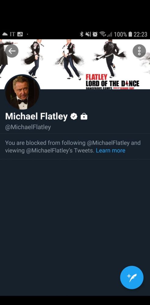 Image from twitting showing that Michael Flatley had blocked me.