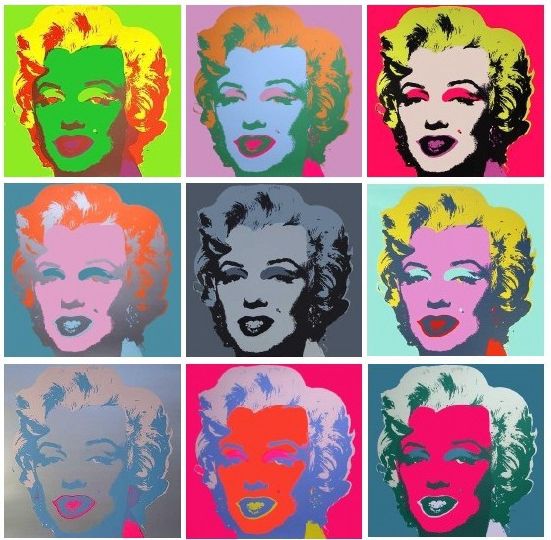 Das Marilyon Monroe Diptychon von Andy Warhol, das eine Pressebild von Marilyn Monroe nebeneinander in verschiedenen kräftigen Farben zeigt.