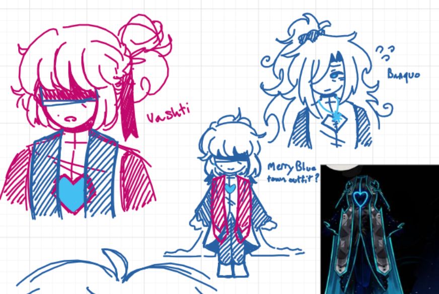 messy whiteboard doodles of limbus company ocs, including vashti and banquo. the text reads "vashti" , "banquo", and "merry bloue town outfit?"