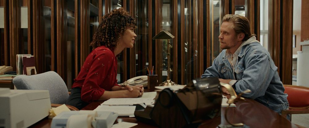 A still of Alexandra Shipp and Billy Magnussen on the set of Violent Ends. 