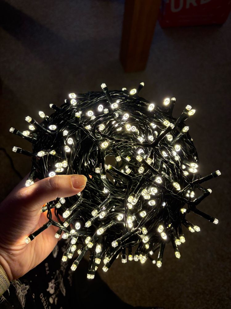 A set of fairy lights rolled up. Held by a left hand. They are glowing and are really pleasing. 