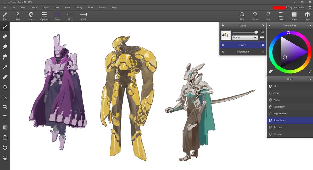 a screenshot of the digital art program Leonardo with digital sketches of three characters (left to right), a purple floating wizard with square shape language, a big yellow robot dude with round shape language, and a cyan, brown and silver swordswoman with agile/triangular shape language.