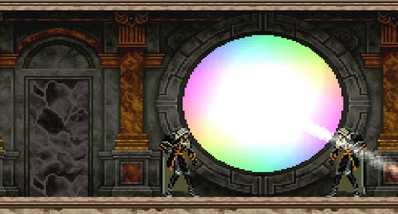 Screenshot from Castlevania: Symphony of the Night, Alucard opens a glowing rainbow vault and his Clone comes out of it.
