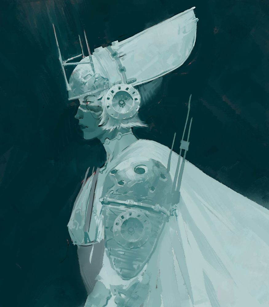 digital painting of a caped and armoured woman with white face paint and short hair. vaguely sci-fi; monochrome blue colour palette.