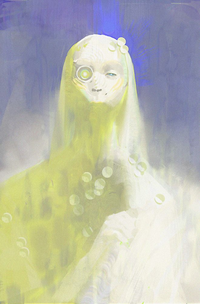 digital painting of a portrait in complementary colour palette (yellow and violet)