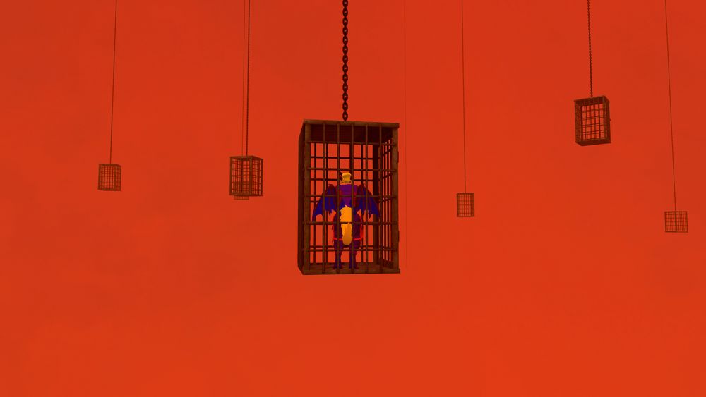 VRChat phot of Aerick the dragon inside a hanging cage surrounded by red with other hanging cages in the background.