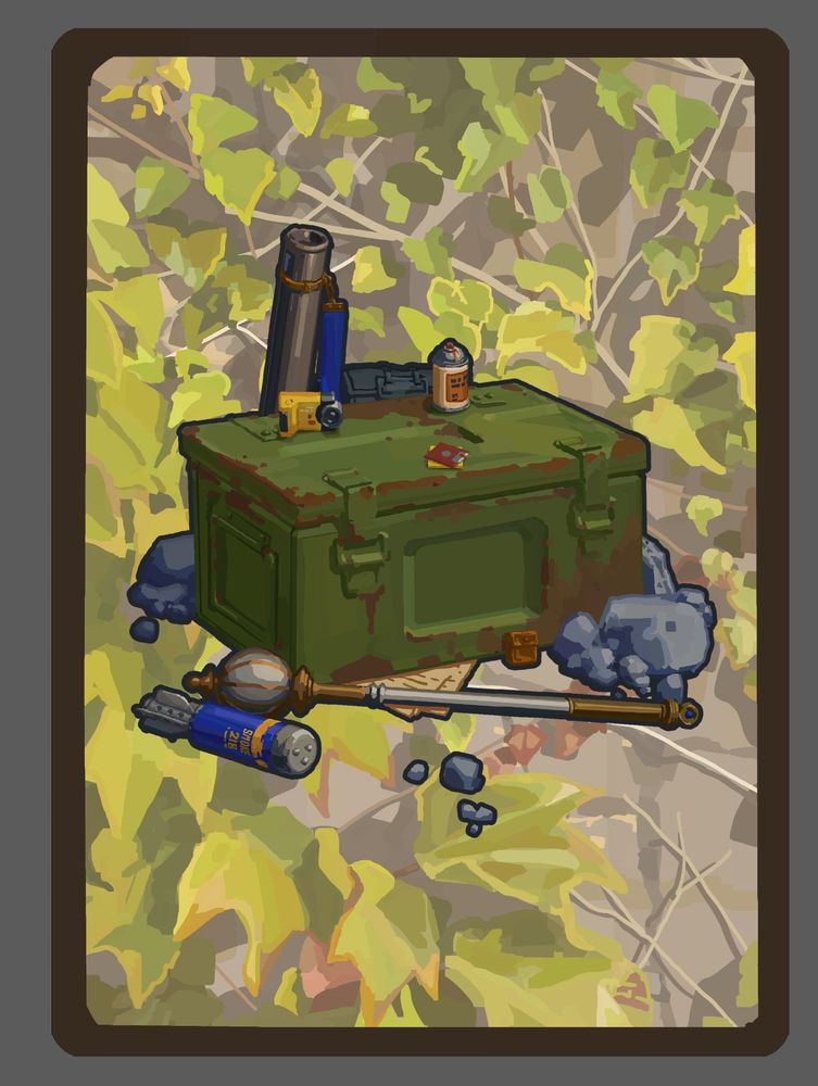 A trunk hidden surrounded by rubble and covered in military tools, curios, and small items.