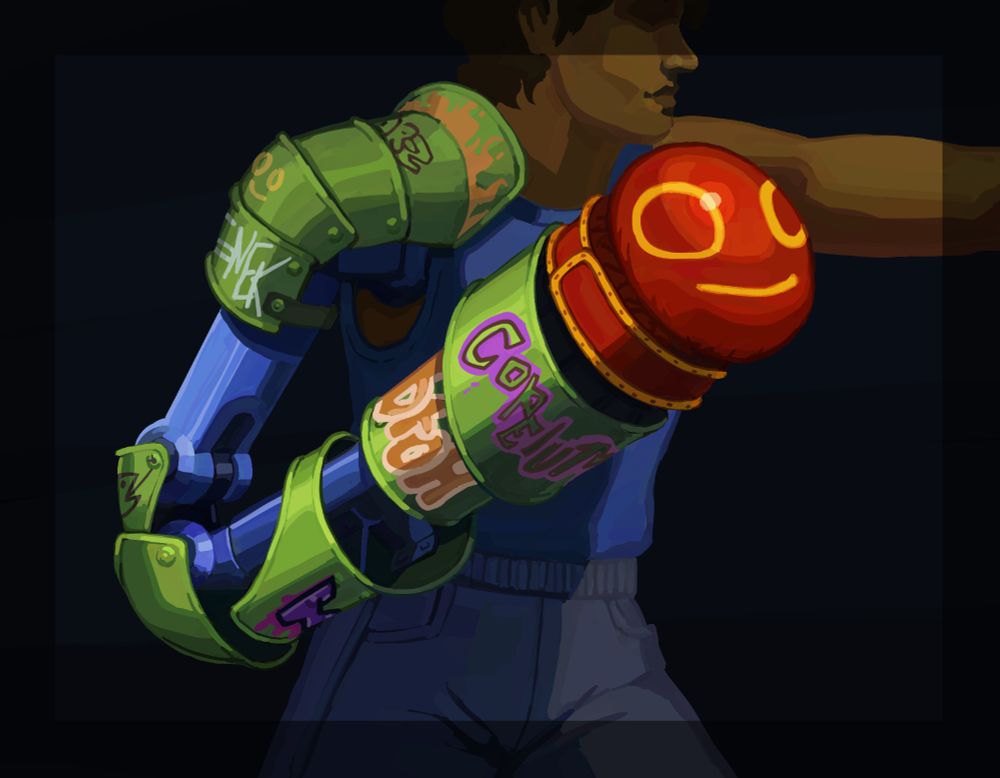 A large mechanical right arm covered in graffiti, with a boxing glove on the end.