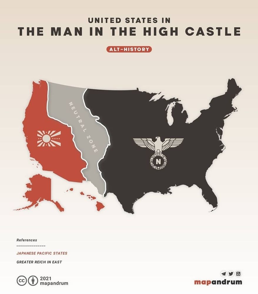 Fictional map of the US from The Man in the High Castle, showing Nazi control over the Midwest, South, and Easr Coast, with Japan controlling the Western states, and a neutral zone between the two.