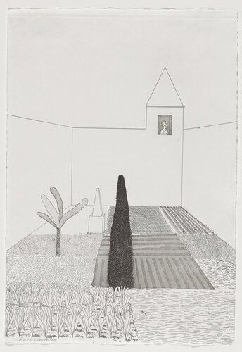 black and white etching of a court yard; varieties of foliage grouped into squared off sections; small tree with four leaves/ branches in middle left edge; dark textured conical shape in center; small window and peaked tower in ULQ; woman gazing out the window into the courtyard
A landmark of 20th-century book illustration, David Hockney’s unconventional interpretation of fairy tales selected from the hundreds compiled by the Brothers Grimm (Jakob Ludwig Carl Grimm and Wilhelm Carl Grimm) during the 19th century, considers the supernatural and psychological content of these bizarre stories in visual terms. With a virtuoso handling of linear and tonal intaglio printmaking, Hockney explores the characters’ motivations, values, and temperaments, presenting his own reading of the tales while seeking a greater understanding of human mentality. The illustrations also reference art of the past, a common feature of Hockney’s work, with visual allusions to Uccello, Carpaccio, Leonardo, Brueghel, and René Magritte. As a result, there is a timeless quality to the images that complements the stories’ centuries-old legacy of folklore.