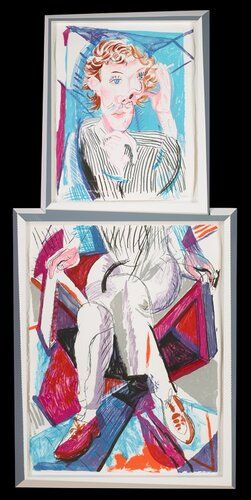 diptych mounted vertically; top section (a) is Cubist-style head of a man with curly brown hair and blue eyes, wearing a dark blue and white striped shirt, with one hand on his chin and another holding a cigarette near the PL side of his head; bottom section (b) is man's lower body, with hands next to hips, legs crossed, with brown shoes; grey and white frame with sculptural elements; collage elements on a