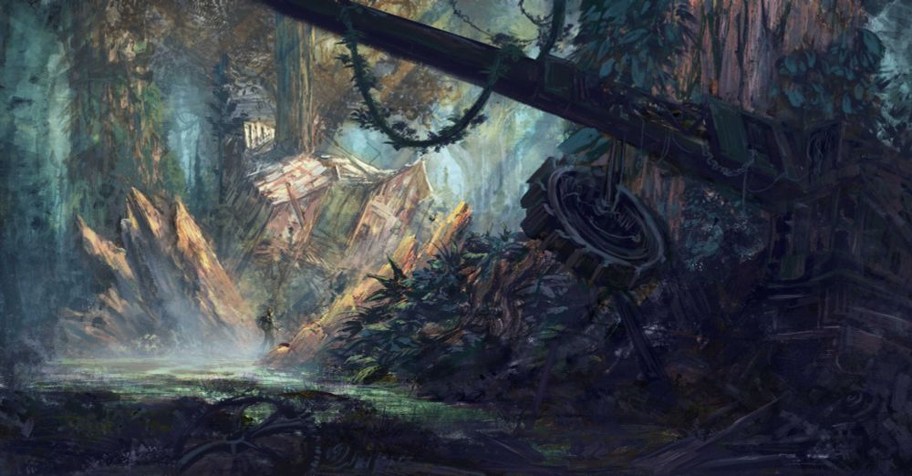 An overgrown forest with remnants of old machinery are strewn about. An explorer is seen passing between two rock formations hit by sunlight filtering through the canopy 
