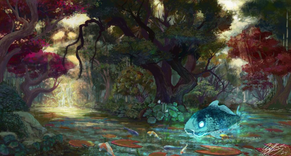A large spectral koi is seen swimming on the water's surface, surrounded by smaller koi. Sunlight filters through the forest canopy