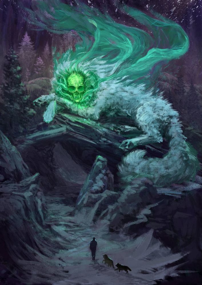 A large spirit with the body of a wolf and skull of a human. The spirit stares down at the person and wolves making their way through the mountain pass