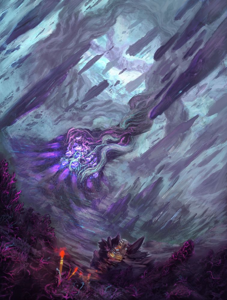 A dynamic alien landscape of massive floating slabs of rock encircling a large, root like, growth