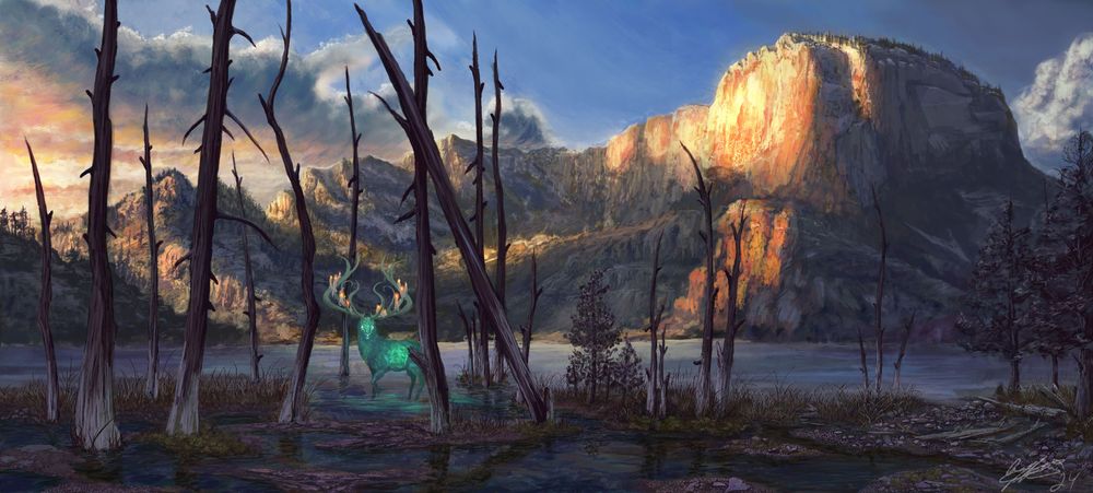 A spectral elk stares at the viewer in the foreground, in the background, rays of light from the sunrise is lighting up the mountainside