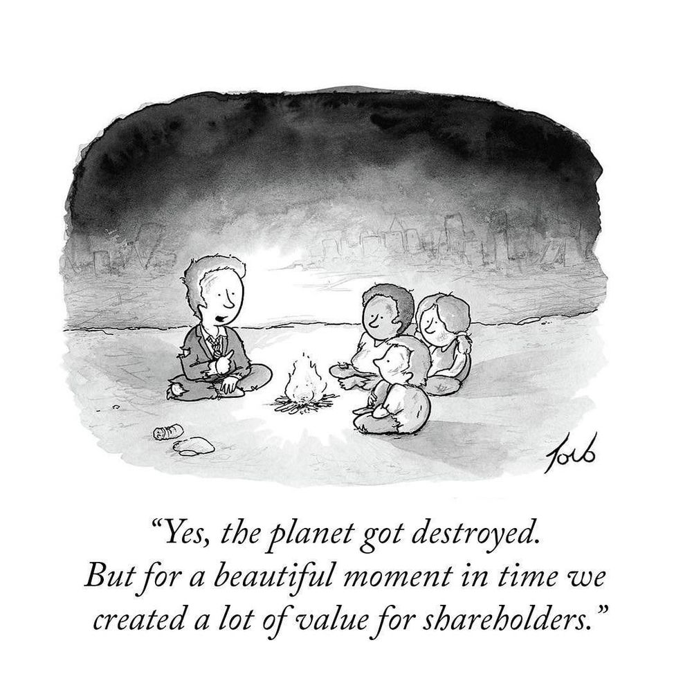 Un feu de camp face à une ville en ruine, où un homme en haillon explique à des enfants "Yes, the planet got destroyed. But for a beautiful moment in time we created a lot of value for the shareholders"